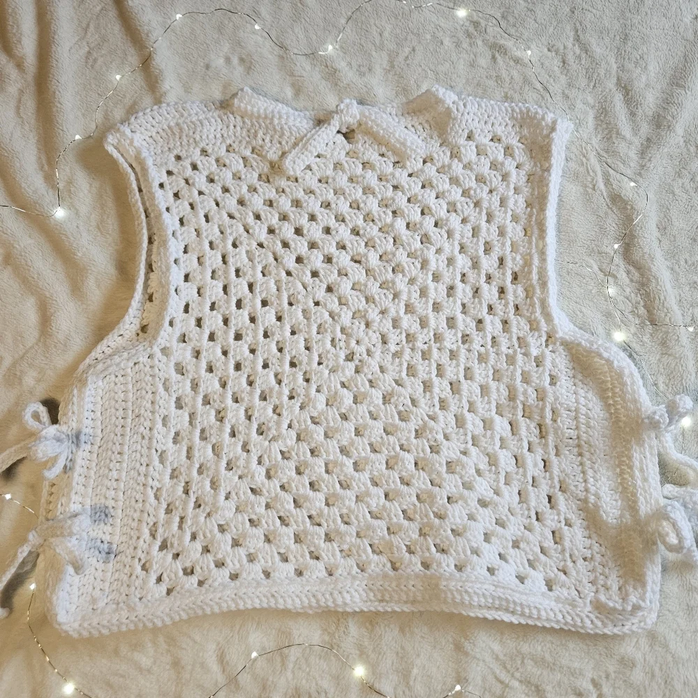 White Crochet Vest with Tie Sides - Picture 5 of 5